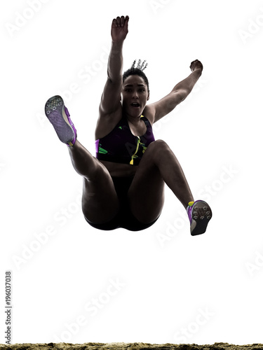 jeden afrykański sportowiec lekkoatletyka skok w dal kobieta na białym tle na białym tle sylwetka