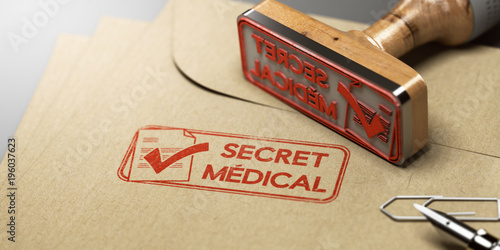 Secret médical, sécurité des dossiers médicaux des patients. Tampon encreur sur papier kraft