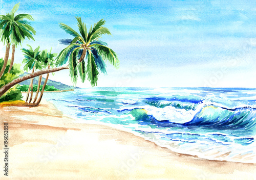 Seascape. Summer tropical beach with golden sand, waves and palmes. Hand drawn horizontal watercolor illustration