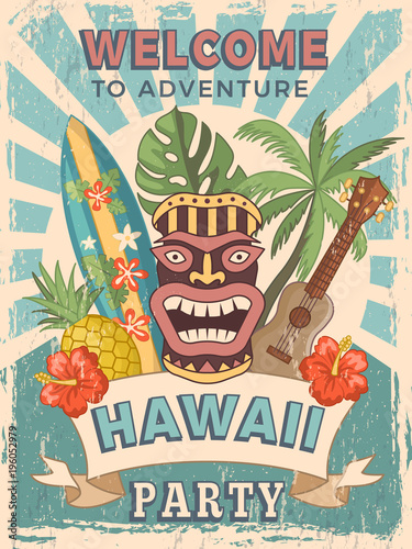 Design template of retro poster invitation for hawaiian party