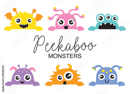 Set of cute peekaboo monsters vector illustration. Funny little monsters in various colors.