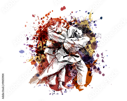 Vector color illustration of judo fighters