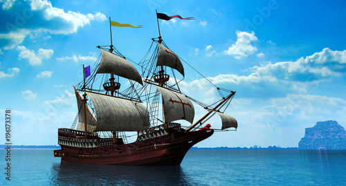 3 d rendering of Spanish galleon on a calm sea