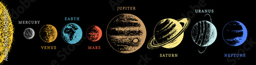 Solar system infographics in vector. Hand drawn illustration of eight planets