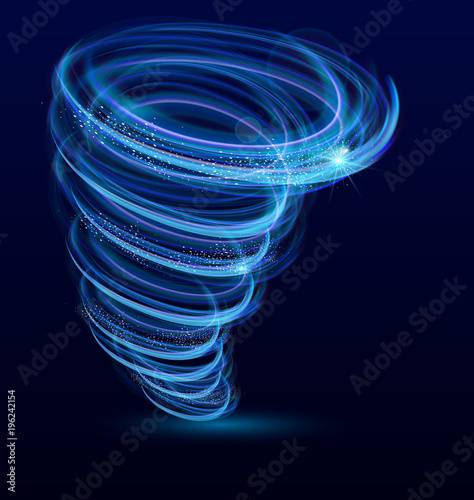 Vector illustration of shining illuminated whirlwind, swirl, glowing tornado vector effect. Typhoon whirlwind, light hurricane on dark blue background.