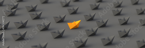 Leadership, success, and teamwork concept, orange leader boat leading black boats. 3D Rendering.