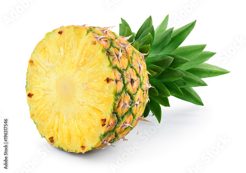 Pineapple half. Pineapple slice isolated on white. Pineapple with leaves. Full depth of field.