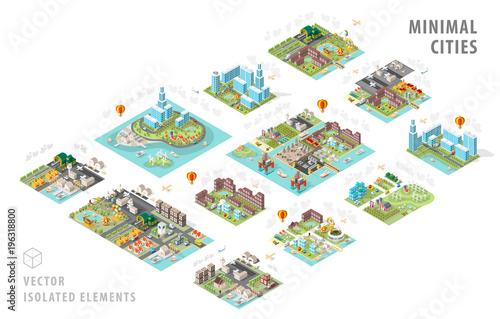 Set of Isolated Isometric Minimal City Maps . Elements with Shadows on White Background