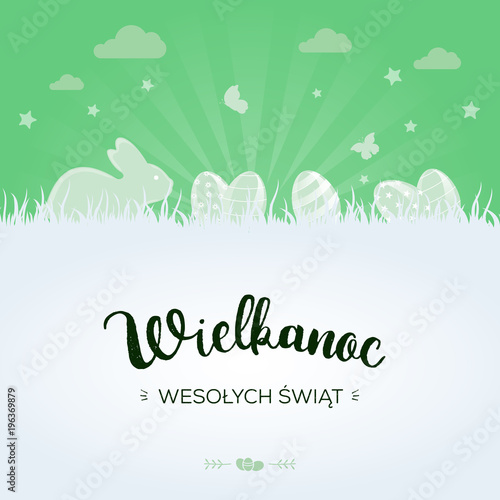 Wesołych Świąt Wielkanocnych po polsku z pisankami, króliczkiem i motylami na zielonym tle