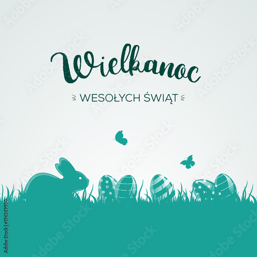 Wesołych Świąt Wielkanocnych po polsku z pisankami, króliczkiem i motylami na turkusowym tle
