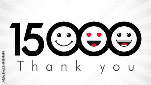 Thank you 15000 followers numbers. Congratulating black and white networking thanks, net friends image in two 2 colors, customers 15 000 likes, % percent off discount. Round isolated smiling people