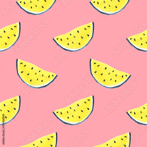 Seamless Tropical pattern of watermelon. Hand drawn watercolor background