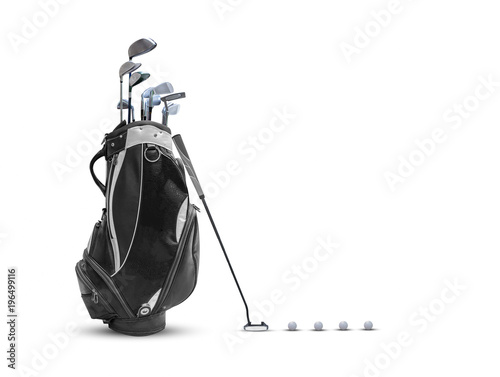 Torba golfowa, piłka golfowa i twarz zrównoważony miotacz z uchwytem Super Stroke na białym tle