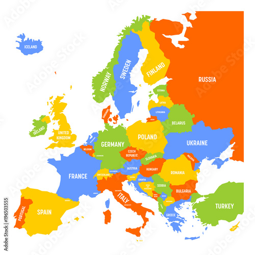Map of Europe with names of sovereign countries, ministates and Kosovo included. Simplified vector map in four colors theme on white background.