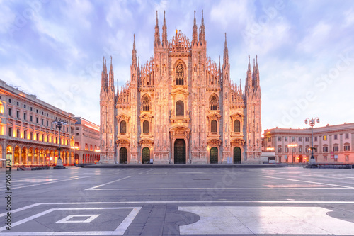 Piazza del Duomo, Cathedral Square, with Milan Cathedral or Duomo di Milano in the morning, Milan, Lombardia, Italy