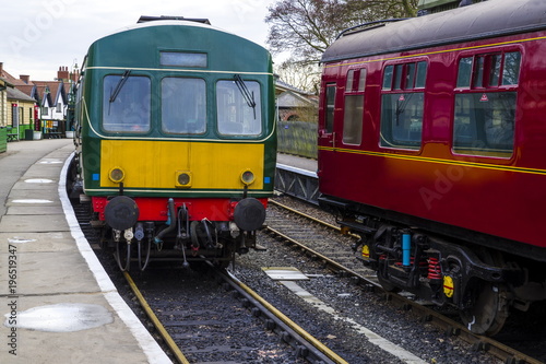 Class 101 DMU. Heritage Diesel Multiple Unit, alongside a passenger carriage in a 1930’s styled station. 