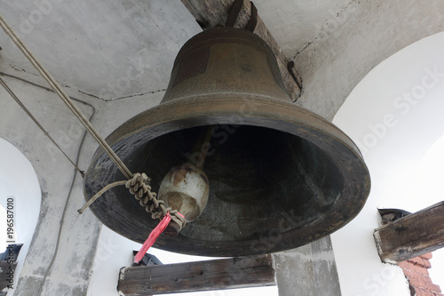 Bell on the bell tower of the Church of the Icon of the Mother of God of Tikhvin, Kungur city, Perm Territory, Russia. Founded in 1756