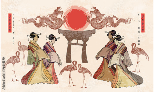 Japan art. Geisha and dragon. Asian culture. Traditional Japanese culture, red sun, dragons and geisha woman