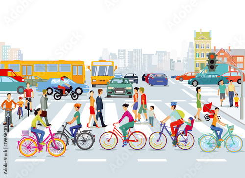 Stadt mit Straßenverkehr, Radfahrer und Fußgänger, Illustration