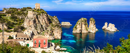 Summer holidays in Sicily - beautiful scenic beach Scopello with pictorial rocks. Italy