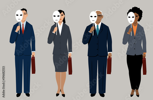 Diverse job candidates hiding behind masks as a metaphor for eliminating bias in hiring process, EPS 8 vector illustration