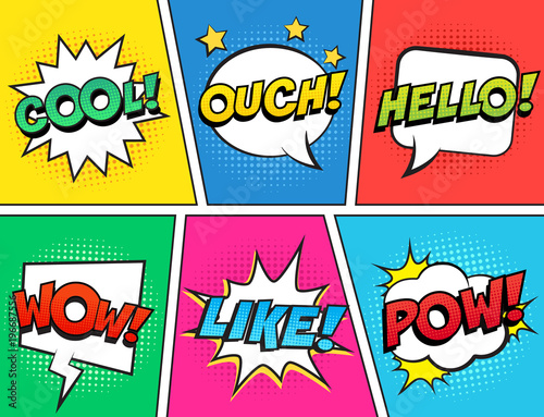 Retro comic speech bubbles set on colorful background. Expression text OUCH, COOL, LIKE, HELLO, WOW, POW. Vector illustration, vintage comic book design, pop art comic bubbles style.