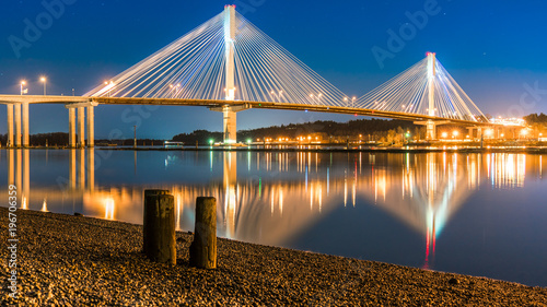 Port Mann Bridge, long exposure in a bright night. Vancouver, British Columbia, Canada.