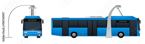 Blue electric bus with pantograph is charging on a charging station. Vector illustration EPS 10