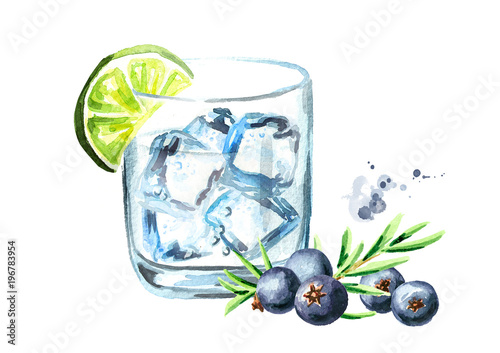 Glass of Gin tonic with ice cubes, juniper and lime. Watercolor hand drawn illustration, isolated on white background