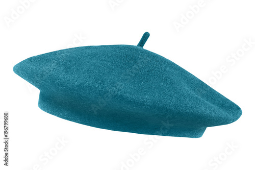 Turquoise color french cap beret side view isolated on white