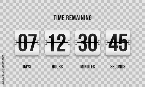 Flip countdown clock counter timer. Vector time remaining count down flip board with scoreboard of day, hour, minutes and seconds for web page upcoming event template design, under constuction page.