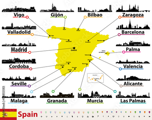 Spain vector map with largest cities skylines silhouettes
