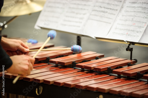 Xylophone, marimba or mallet player with sticks,