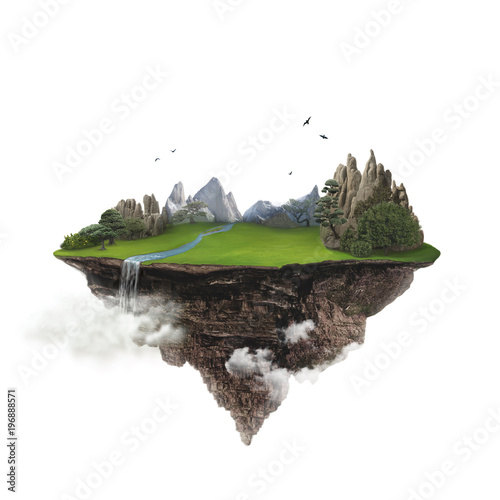 Isolated green floating island with mountain and waterfall flying high in the sky