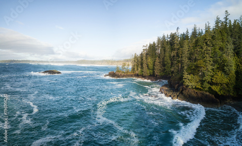 Aerial panoramic seascape view during a vibrant winter morning. Taken near Tofino and Ucluelet, Vancouver Island, British Columbia, Canada.