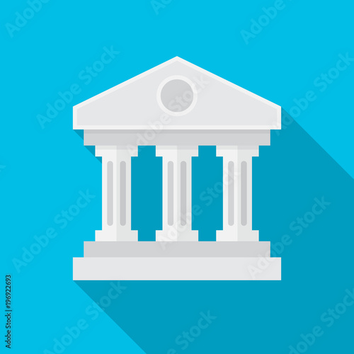 Bank building icon with long shadow. Flat design style. Bank simple silhouette. Modern, minimalist icon in stylish colors. Web site page and mobile app design vector element.