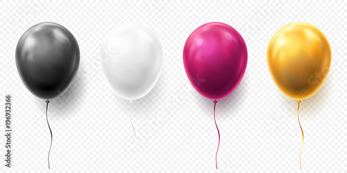 Realistic glossy golden, purple, black and white balloon vector illustration on transparent background. Balloons for Birthday, festive occasions, parties, weddings. Festival romantic decorations.