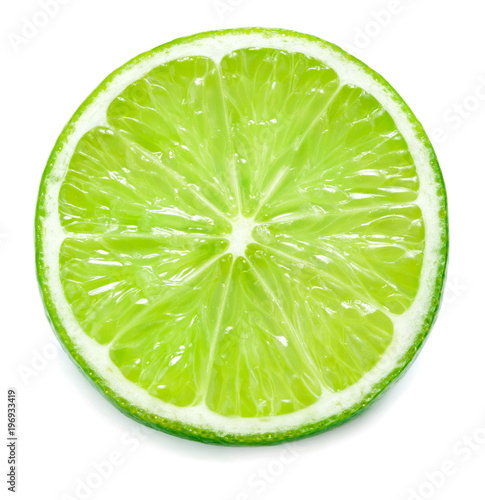 close-up view of single slice of lime isolated on white background
