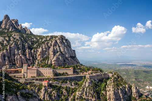 View of the monastery and the mountains of Montserrat. Barcelona, Catalonia, Spain.
