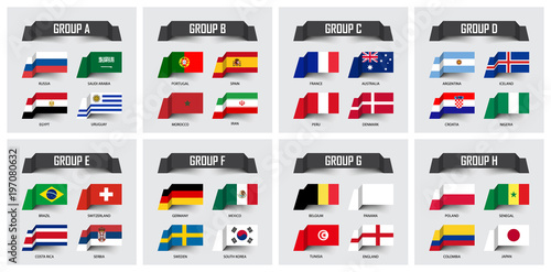 Soccer cup 2018 . Set of national flags team group A - H . Sticky note design . Vector for international world championship tournament