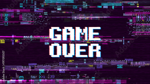 Game over fantastic computer background with glitch noise retro effect vector screen