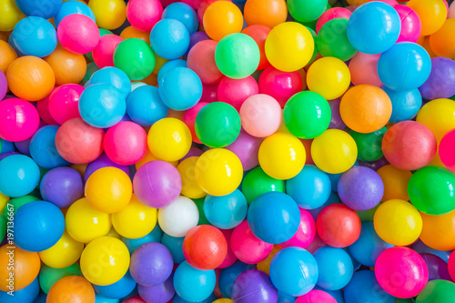 Top view of many colorful balls in ball pool at indoors playground