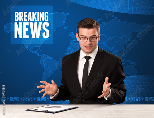 Television presenter in front telling breaking news with blue modern background