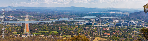 View of Canberra from Mount Ainslie lookout - ANZAC Parade leading up to the Parliament and modern architecture. ACT, Australia