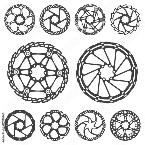 Vector illustration set of silhouettes of a bicycle brake disc, isolated on a colored background.