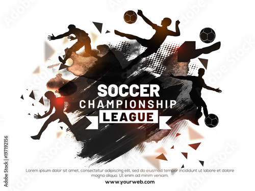 Soccer Championship League with multilple playing actions by soccer players. Abstract grungy brown background.