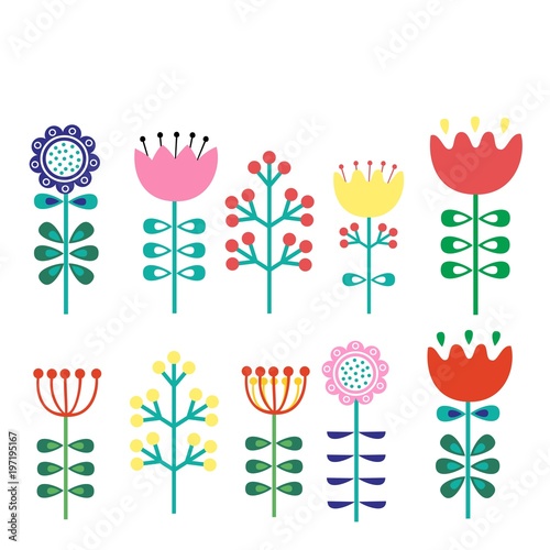 A set of flowers in the Finnish picture of folk art-Nordic, Scandinavian style. Vector illustration.