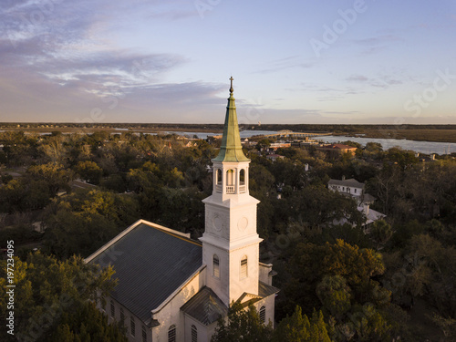 Low aerial view of church steeple in coastal South Carolina, USA.