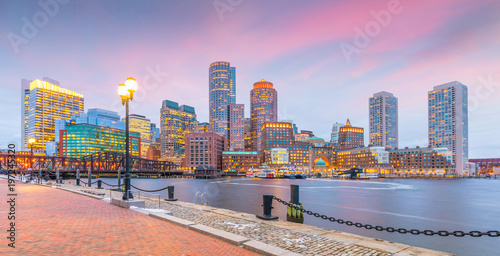 Boston Harbor and Financial District at twilight