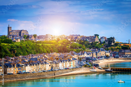 Panoramic view of Cancale, located on the coast of the Atlantic Ocean on the Baie du Mont Saint Michel, in the Brittany region of Western France